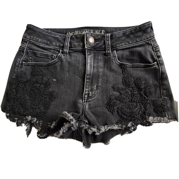 American Eagle Size 4 Hi-Rise Shortie Super Stretch X Crochet Black Denim Shorts - Picture 1 of 11